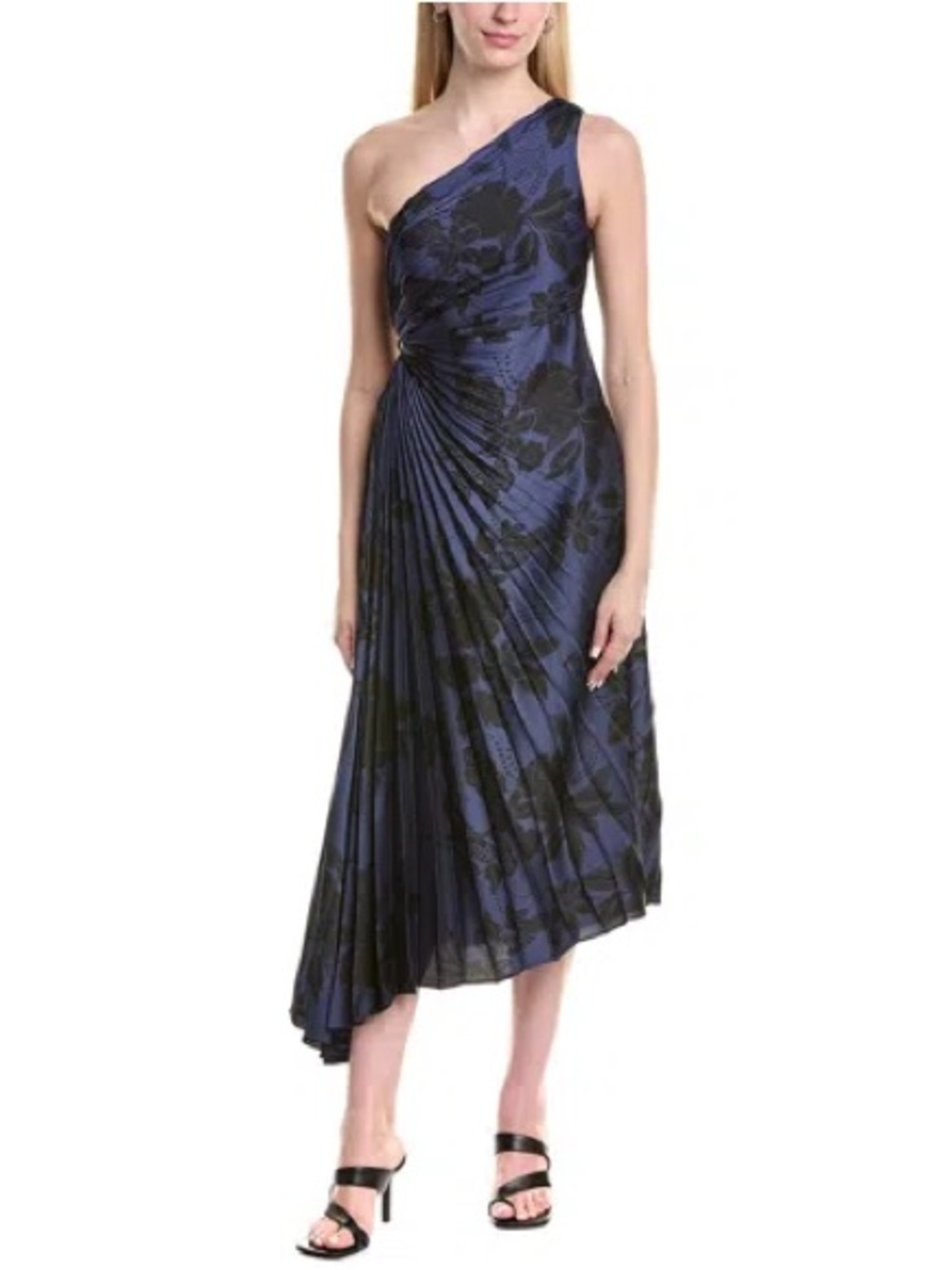 Nicole Miller One Shoulder Pleated Floral Midi Dress Blue Black Size 4 NWT